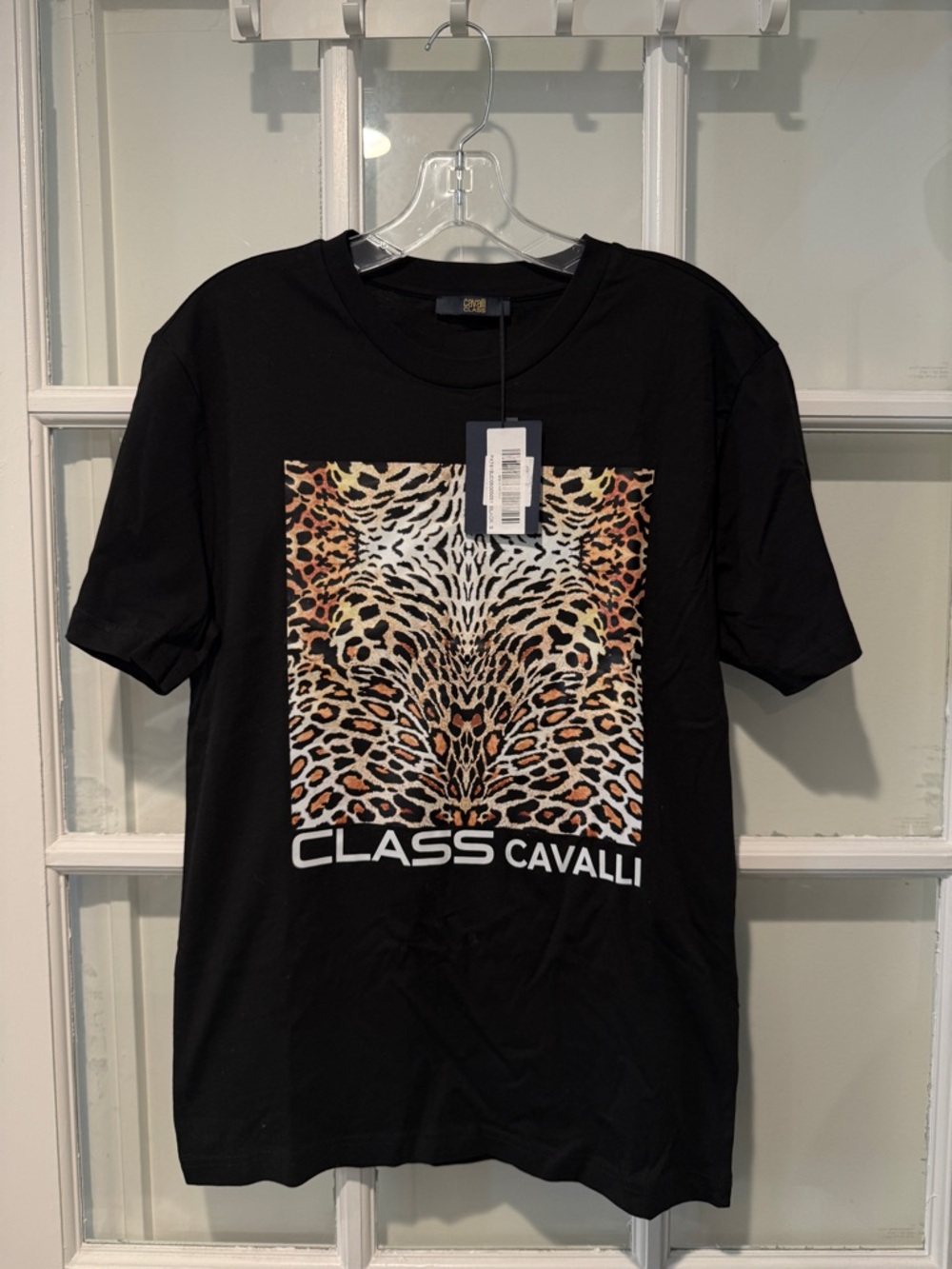 Class Roberto Cavalli Black Tee with Leopard Print Square